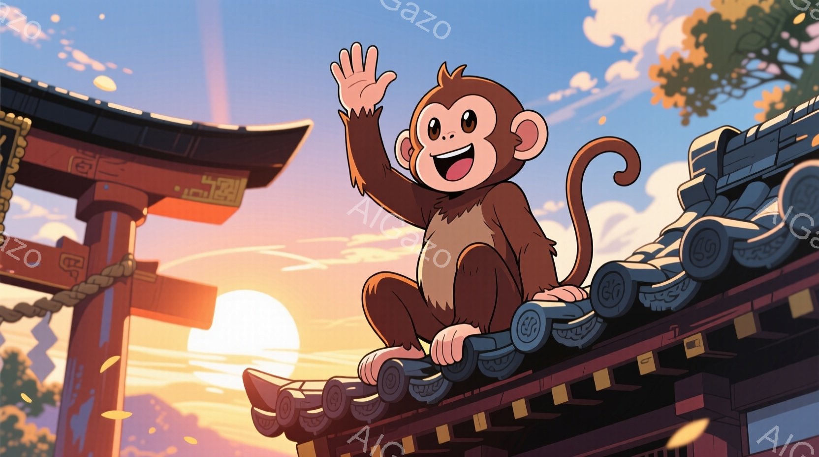 茶色い猿が、寺院の屋根の上で手を振っています。夕焼け空を背景に、暖かく穏やかな雰囲気で、寺院の屋根瓦と夕日に照らされた木々が美しいコントラストを描いています。猿の表情は明るく、友好的で、まるで訪れる人々に挨拶しているかのようです。