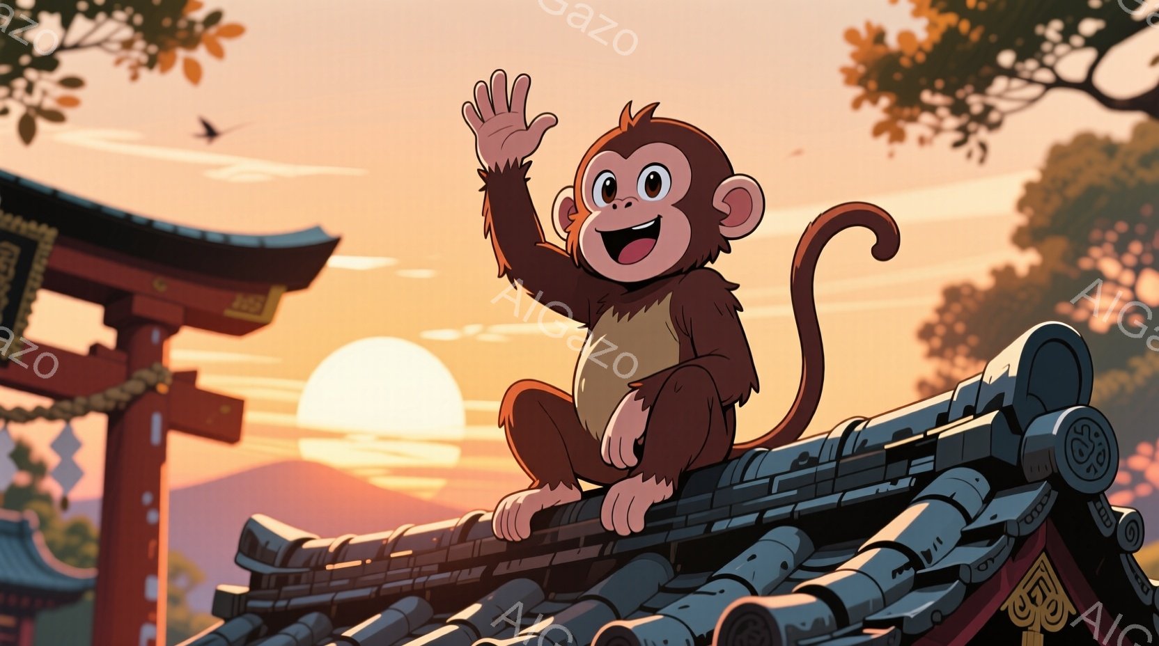茶色い猿が寺院の瓦屋根の上に座っており、片手を上げて挨拶をしているように見える。背景には夕焼け空と、緑豊かな木々、そして伝統的な日本の鳥居が見える、温かく、平和な雰囲気である。猿は笑顔で、元気いっぱいの表情をしている。