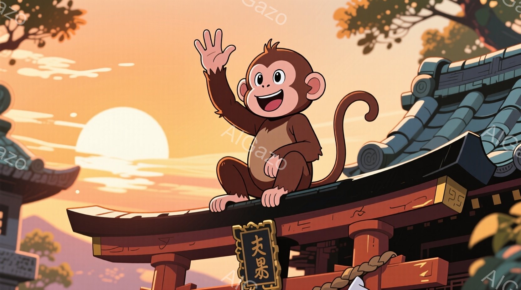 明るい夕焼けを背景に、茶色の猿が寺院の屋根の上で手を振っています。猿は嬉しそうな表情で、活発で元気な印象を与えます。屋根は複雑な装飾が施され、背景には他の寺院建築と自然が見え、穏やかで平和な雰囲気を醸し出しています。