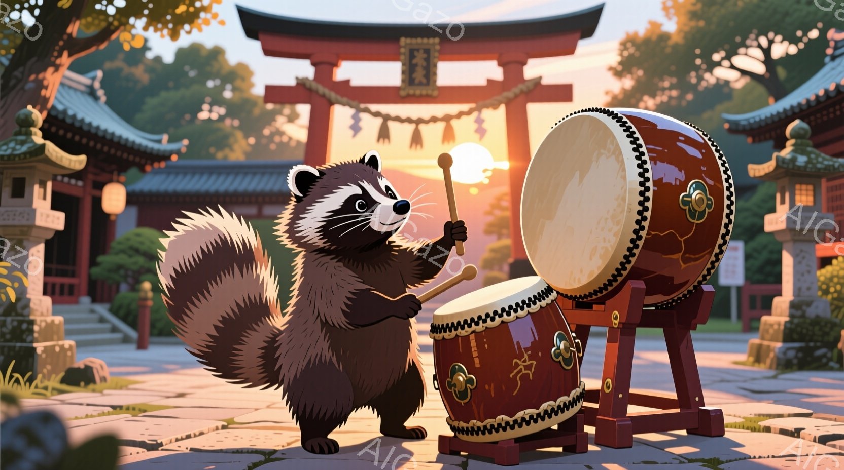 アライグマが太鼓の前に立って、バチで太鼓を叩こうとしている様子が描かれています。背景には赤い鳥居と寺院、そして夕焼け空が広がり、穏やかで温かい雰囲気を醸し出しています。アライグマは楽しそうな表情で、活気のある日本の伝統的な風景の中に溶け込んでいます。
