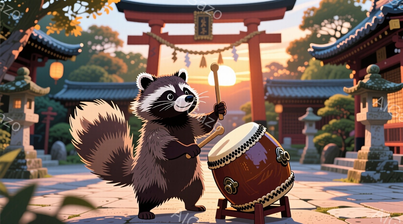 狸が太鼓を演奏しています。背景には、夕焼けを背景にした寺院と石灯籠が見え、穏やかで祝祭的な雰囲気が漂っています。狸は微笑んでおり、生き生きとした表情で太鼓を叩く姿は、日本の伝統文化を感じさせます。