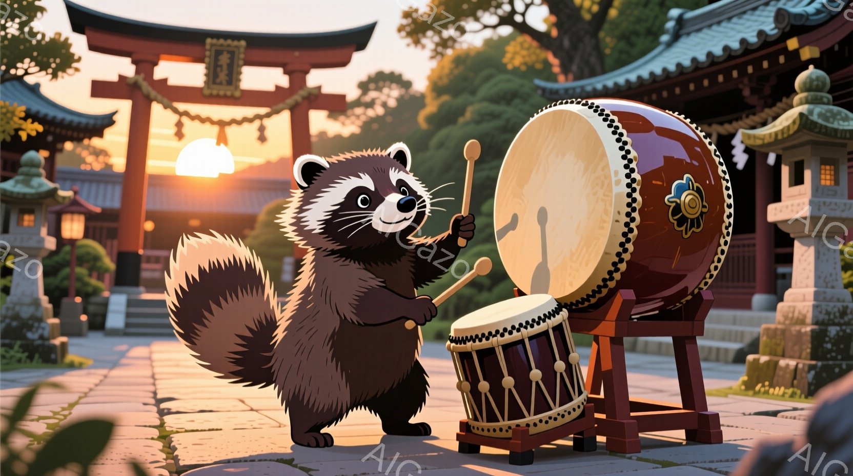狸が太鼓を叩く姿が描かれています。背景には、夕焼けに照らされた寺院や石畳の道が見え、日本の伝統的な雰囲気が漂います。狸は活発な表情で、太鼓に向かって力強くスティックを振るっており、楽しげな雰囲気です。