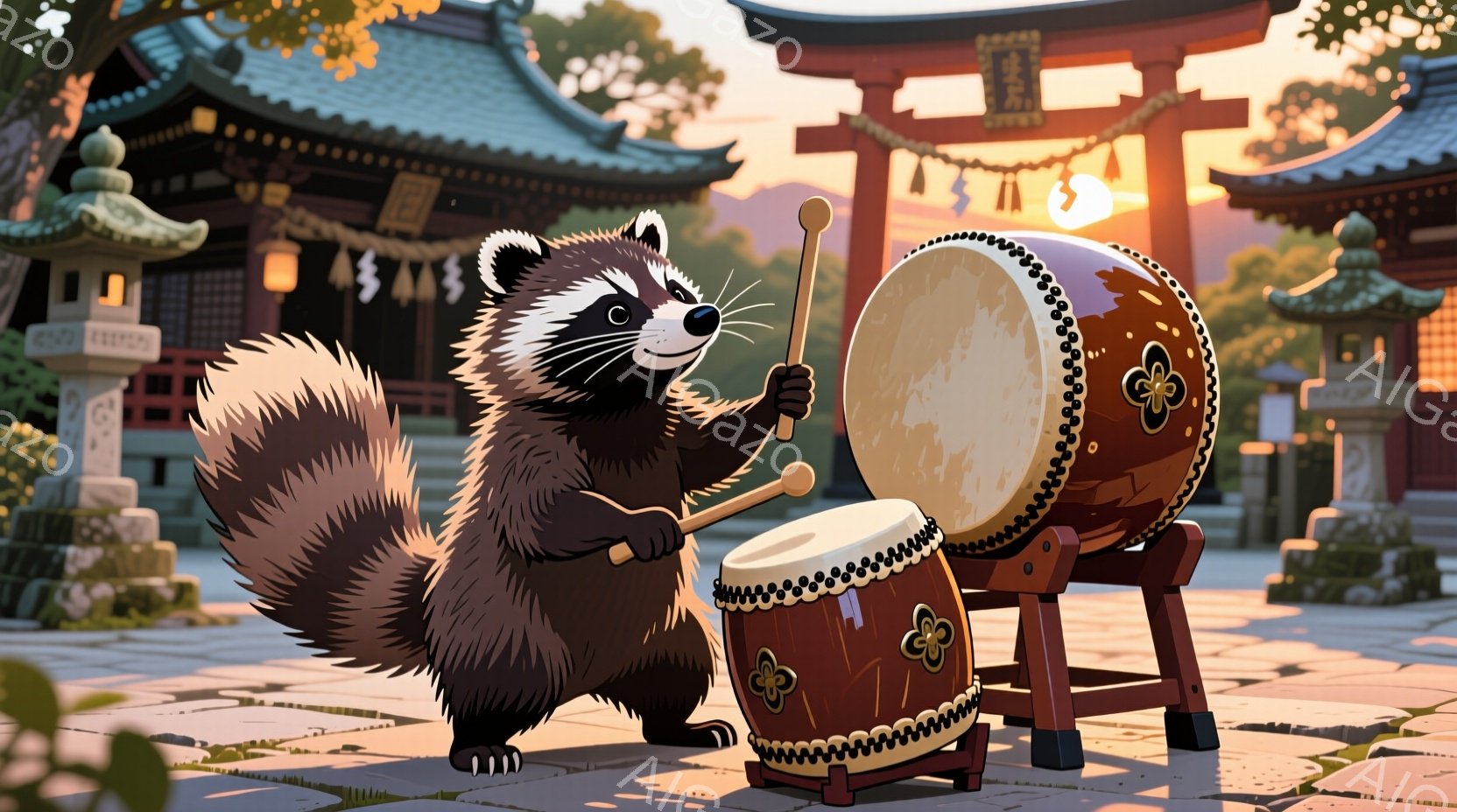 狸が太鼓を叩く姿が描かれています。背景には、夕焼けに照らされた寺院と美しい庭園が見え、温かく穏やかな雰囲気を醸し出しています。狸は力強い姿勢で太鼓を叩き、まるで伝統的な祭りを祝っているかのようです。
