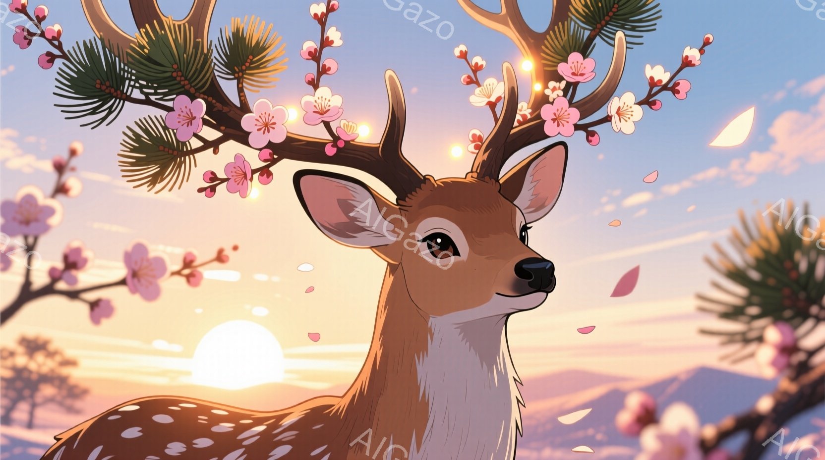 鹿が桜の枝角を戴き、穏やかな表情でこちらを見つめている。背景には、夕焼け空と遠くに見える山々が広がり、桜の花びらが舞い散っている。全体的に暖かく、幻想的な雰囲気が漂っている。 - AI生成フリー素材