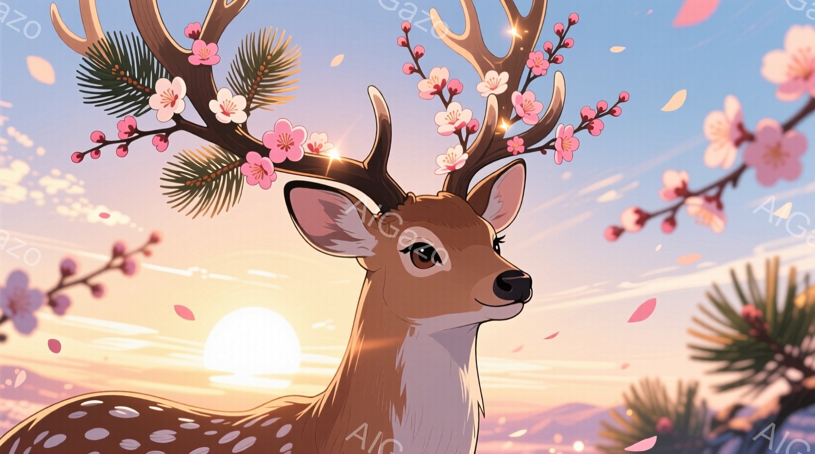 鹿が画面中央に描かれており、頭には桜の花が咲き誇る枝が付いています。背景は夕焼けの空で、ピンクとオレンジの色合いが美しく、桜の花びらが舞い散っています。全体的に幻想的で穏やかな雰囲気です。
