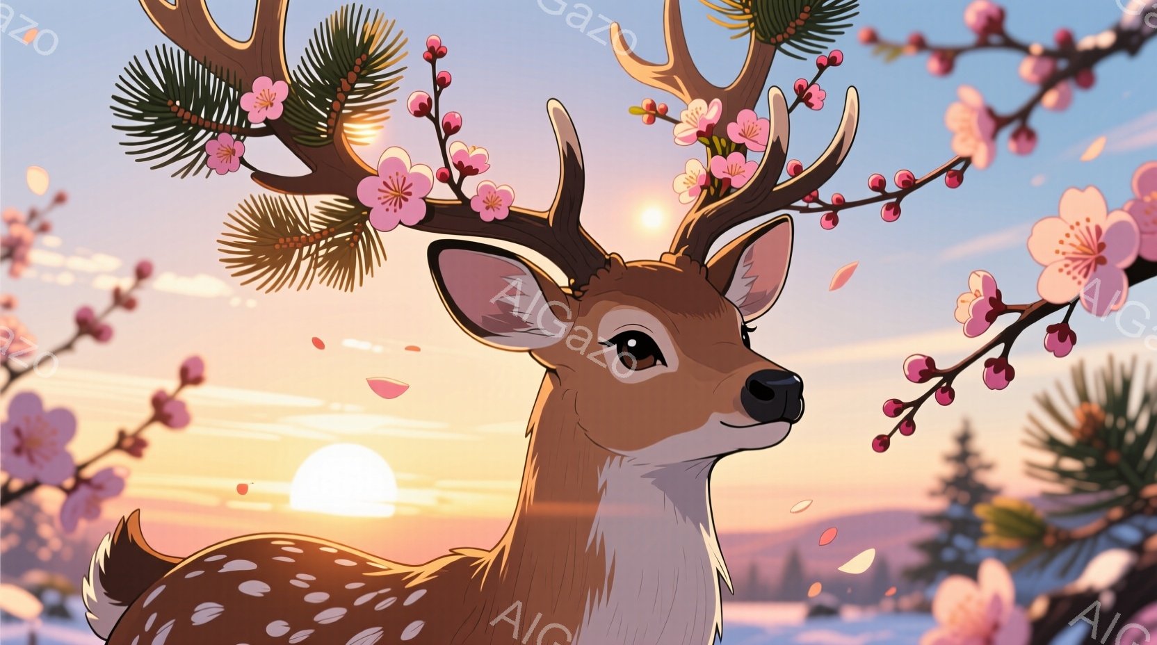 斑点模様の美しい鹿が、ピンク色の桜の花飾りを頭に載せてこちらを見つめています。背景には夕焼け空と、雪に覆われた遠くの山々が広がり、穏やかで幻想的な雰囲気が漂っています。桜の花びらが舞い散り、春の訪れを感じさせる暖かい光に包まれています。