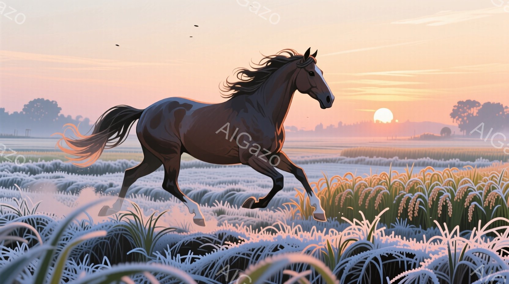 黒い馬が黄金色の稲穂の畑を駆け抜けている。朝日が昇る中、馬のたてがみと尾は風になびき、躍動感と自由な雰囲気を醸し出している。遠景には薄暗い建物と朝霧が広がり、牧歌的で穏やかな情景が描かれている。