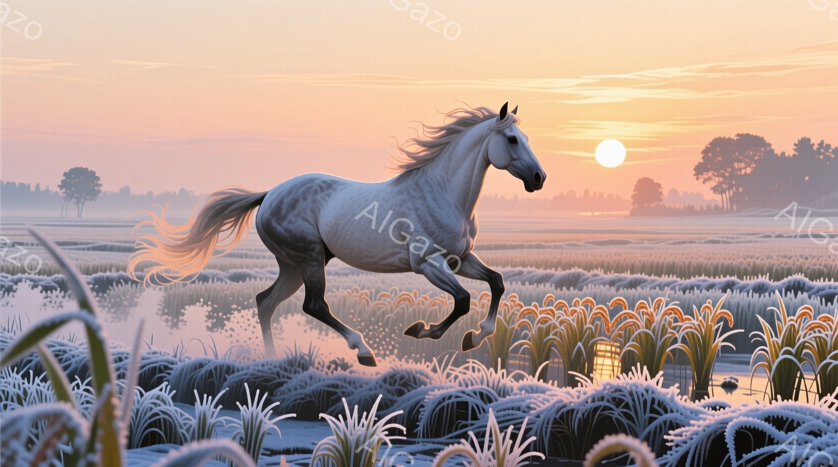 白い馬が凍てつく草原を疾走している。朝日が地平線から昇り、霜が降りた草を金色に照らし、馬のたてがみをなびかせている。背景にはぼんやりとした木々と空に広がるオレンジとピンクのグラデーションが見られ、冷たくも力強い雰囲気を醸し出している。