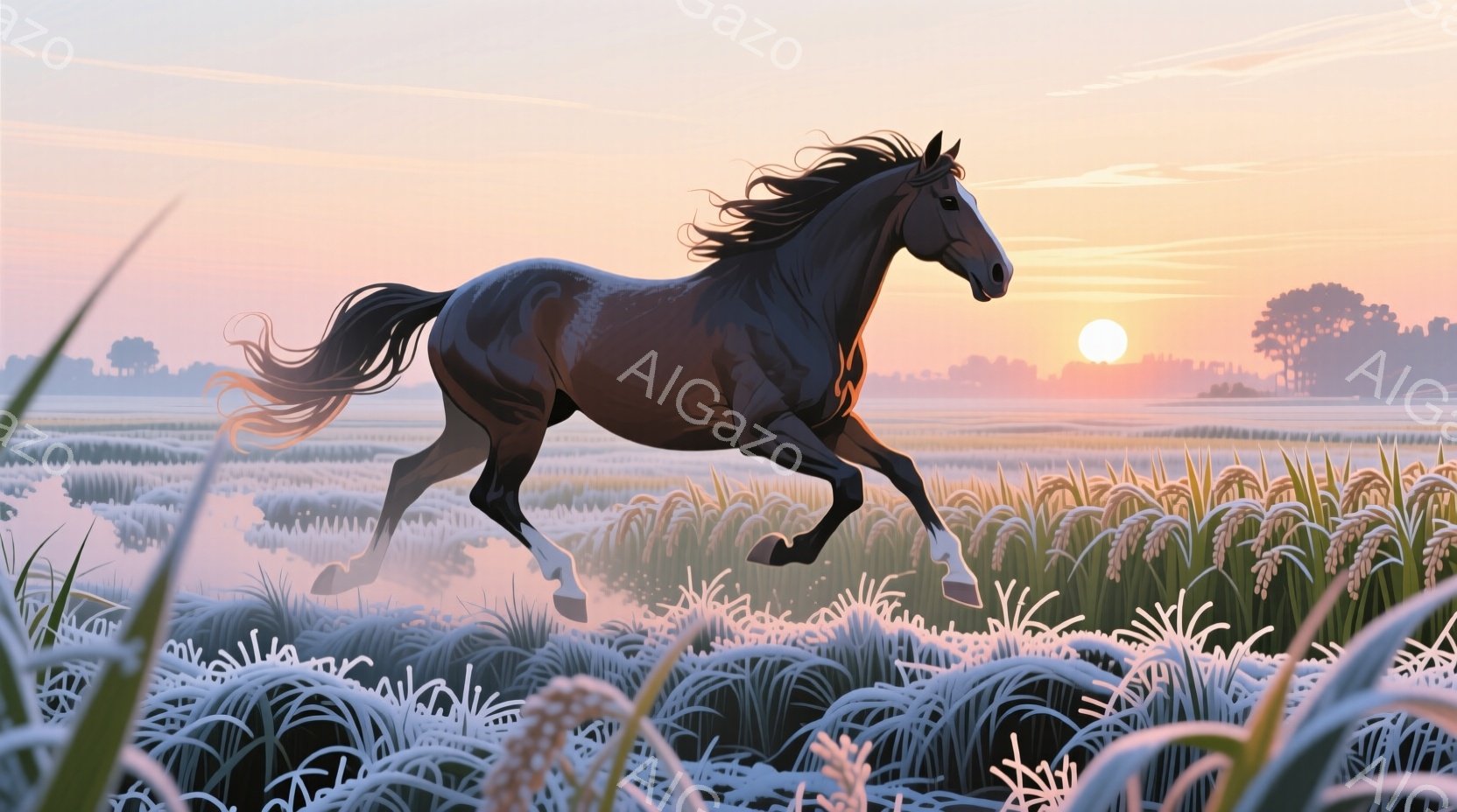 黒い馬が黄金色の稲穂が実る野原を駆け抜けている。朝日が地平線から昇り、馬のシルエットを際立たせ、野原全体を温かい光で満たしている。馬のたてがみと尾は風になびき、力強く美しい躍動感がある。
