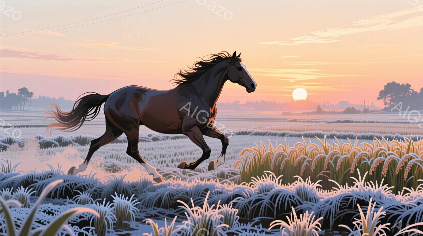 黒い馬が黄金色の稲穂が広がる野原を力強く駆けている。朝日が地平線から昇り、霧と稲穂を照らし、幻想的な雰囲気を生み出している。馬のたてがみと尾は風になびき、躍動感と自由な印象を与える。