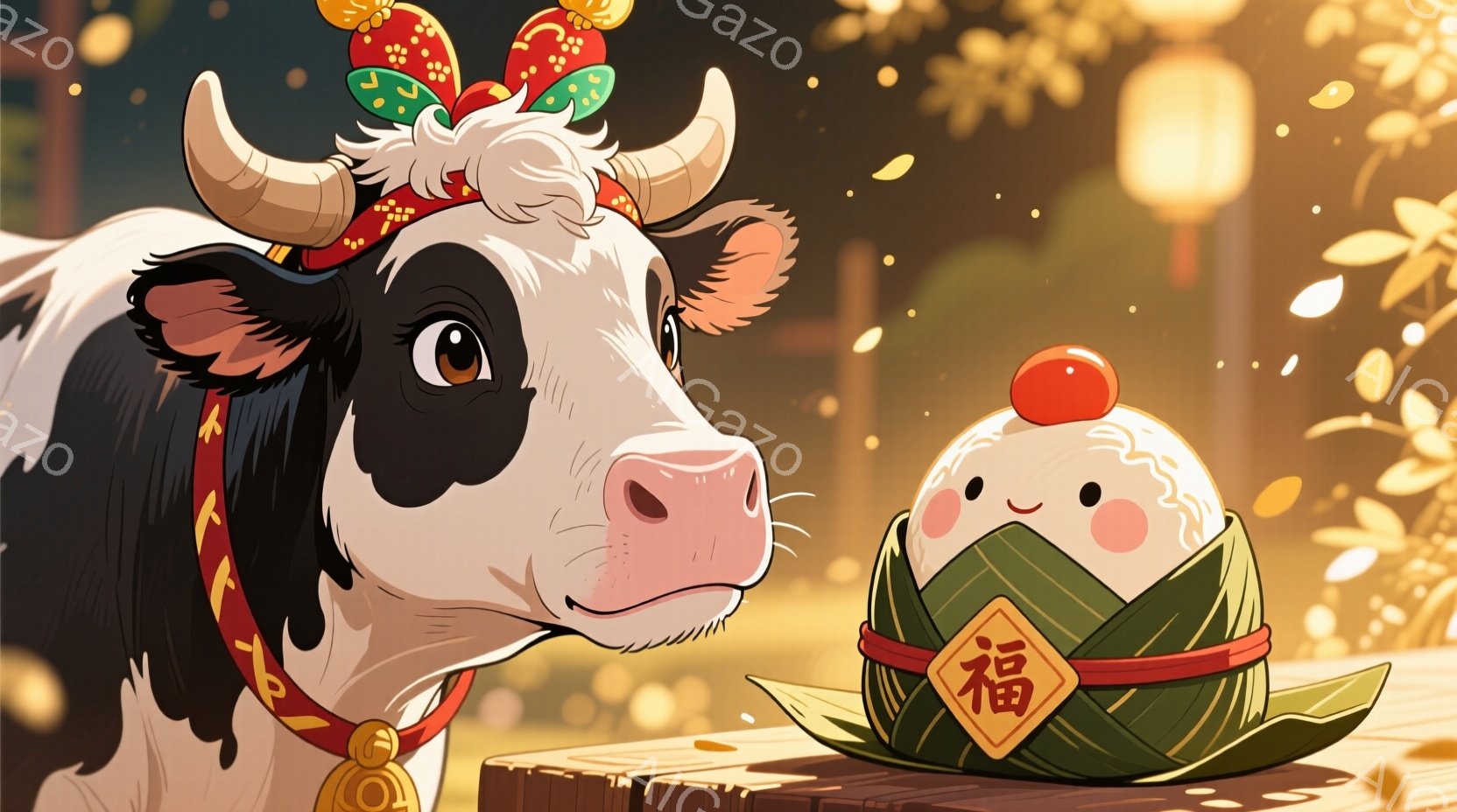 黒と白の模様の牛が、赤い装飾が施された帽子を被り、赤いリボンと金のベルが付いた首飾りを付けています。その表情は穏やかで、どこか物憂げな様子です。背景にはぼんやりと灯りが灯る建物が見え、お団子のような可愛い餅が、赤い文字が書かれた緑の葉で包まれて、牛の隣に置かれています。