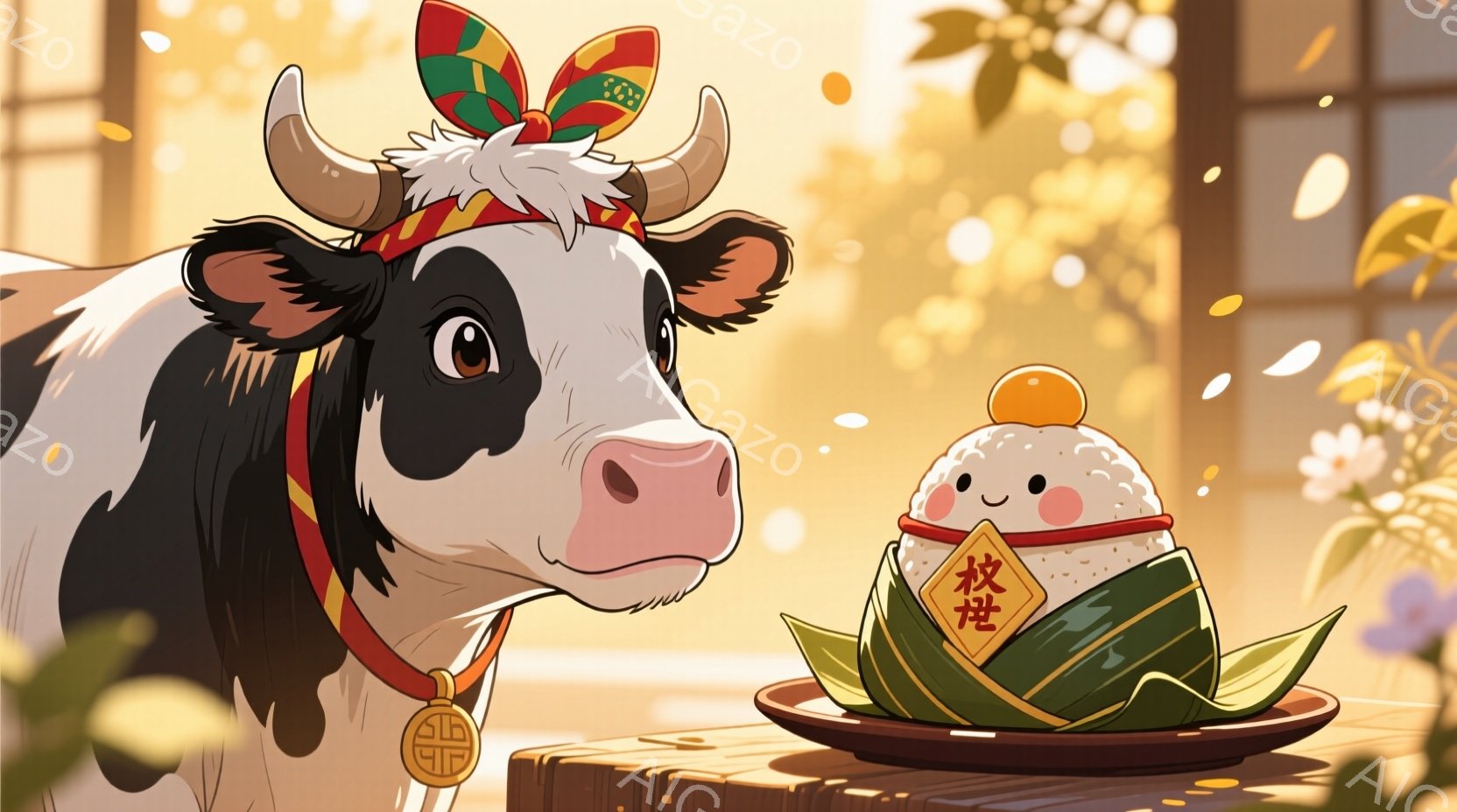 黒と白の大きな牛が、赤い装飾が施された頭飾りと金色のメダルを付けて、カメラの方を微笑みながら見ています。木のテーブルの上には、緑色の葉で包まれた、可愛らしい顔の柏餅が置かれており、背景にはぼやけた自然の風景と桜の花びらが散りばめられています。全体的に、暖かく、お祝いの雰囲気が漂う、春の訪れを祝うようなイメージです。