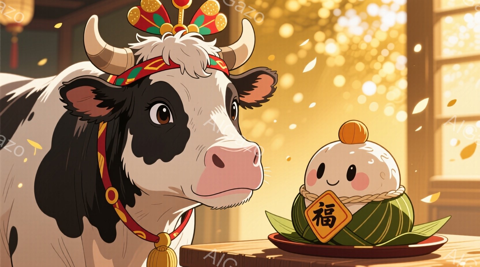白地に黒い斑点のある牛が、頭に装飾をつけ、赤い首輪をしています。その横には、緑の葉で包まれたお餅が乗ったお皿があり、「福」という文字が書かれた飾りが付いています。背景はぼやけており、暖かい光が差し込み、お祭りや縁起の良い行事の雰囲気が漂っています。