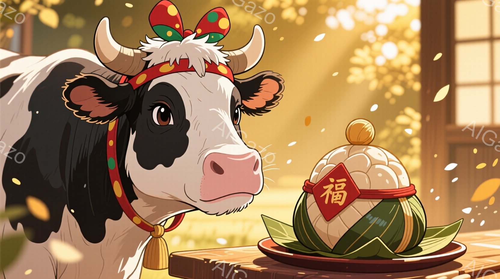 白黒模様の牛が、赤い飾り紐と金色の鈴をつけた首輪を身につけています。正面には、赤い紙に「梅」と書かれた包み団子が置かれたお盆があり、牛はそれを見つめています。背景には木製の構造物や落ち葉が見え、秋の穏やかな雰囲気が漂っています。