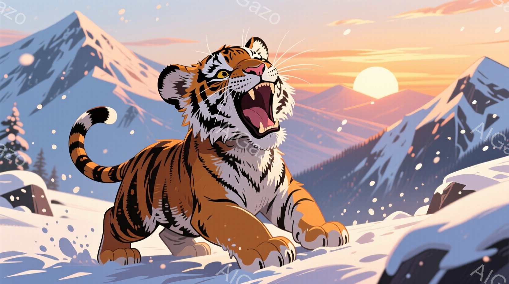 雪に覆われた山々を背景に、咆哮する虎が描かれている。虎は前足を高く上げ、躍動感のある姿勢で、鋭い爪をむき出しにしている。背景には、夕焼けのようなオレンジ色の空が広がり、雪片が舞う冬の風景が、力強く生き生きとした雰囲気を醸し出している。