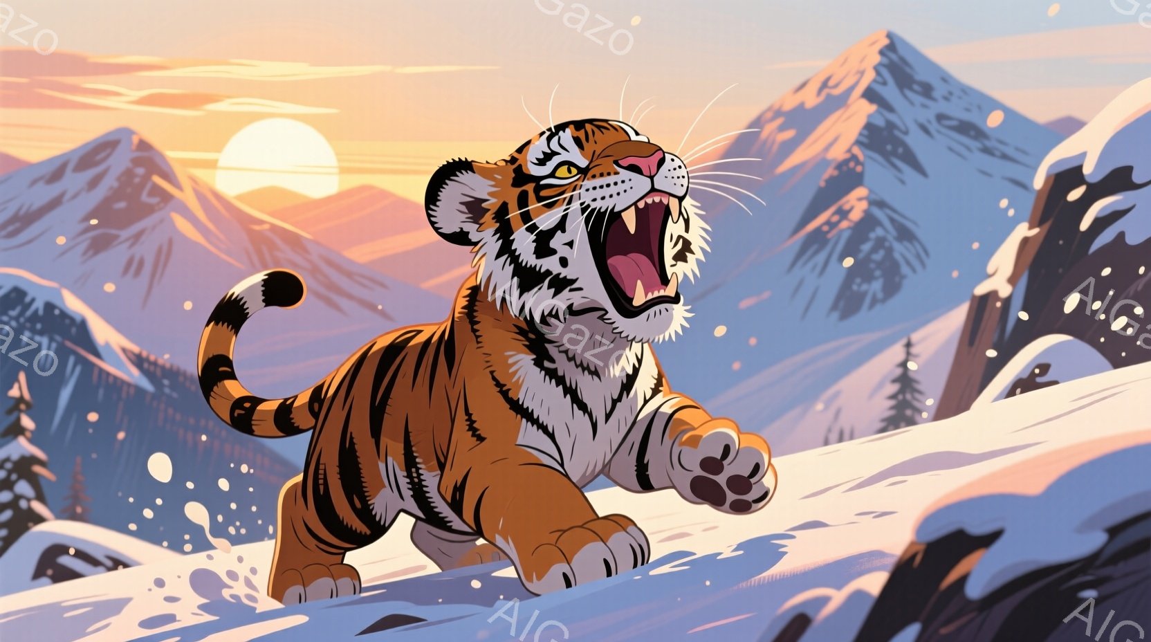 雪山を駆け上る、大きく口を開けた虎が描かれている。その毛並みは鮮やかなオレンジと黒の縞模様で、力強い躍動感と、冬の厳しい環境でも生き抜く野生のエネルギーを感じさせる。背景には雪をまとった山々が連なり、夕焼けのようなオレンジ色の光が降り注いでいる。