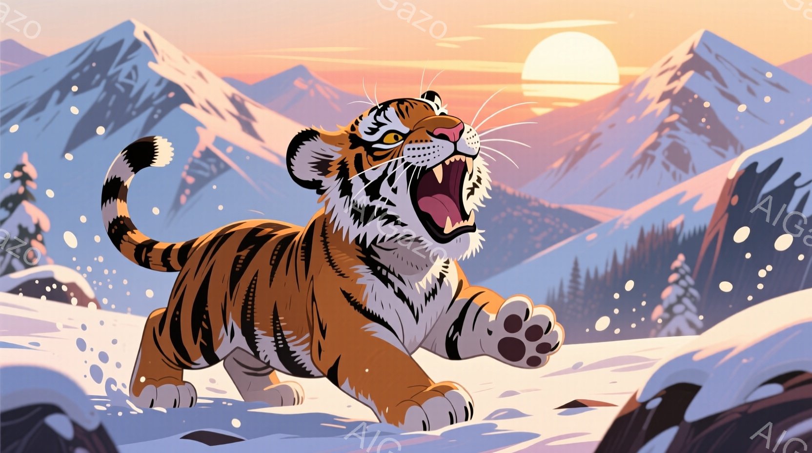 雪原を駆け抜ける虎が描かれています。虎は口を開けて咆哮し、力強い前足を前に突き出しています。背景には雪をまとった山々と夕焼けのようなオレンジ色の空が広がり、ダイナミックな冬の風景を作り出しています。