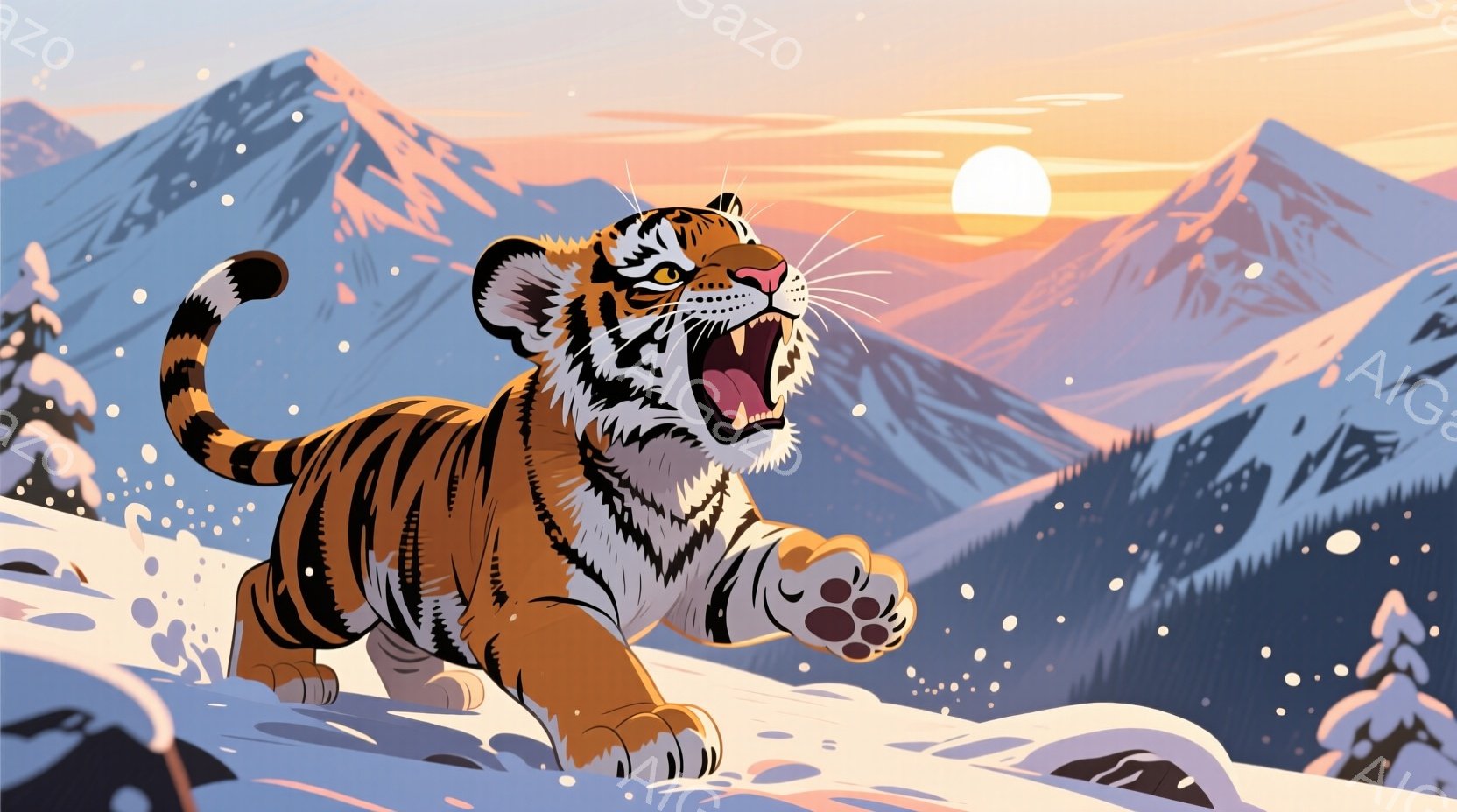 雪山を背景に、毛並みの美しいトラが力強く駆け抜けている様子が描かれている。トラは口を開け、鋭い牙をむき出しにしており、躍動感と野性味を感じさせる。背景には雪をまとった山々が広がり、夕焼けのような暖色系の光が差し込み、力強いトラの姿と静寂な雪山のコントラストが印象的だ。