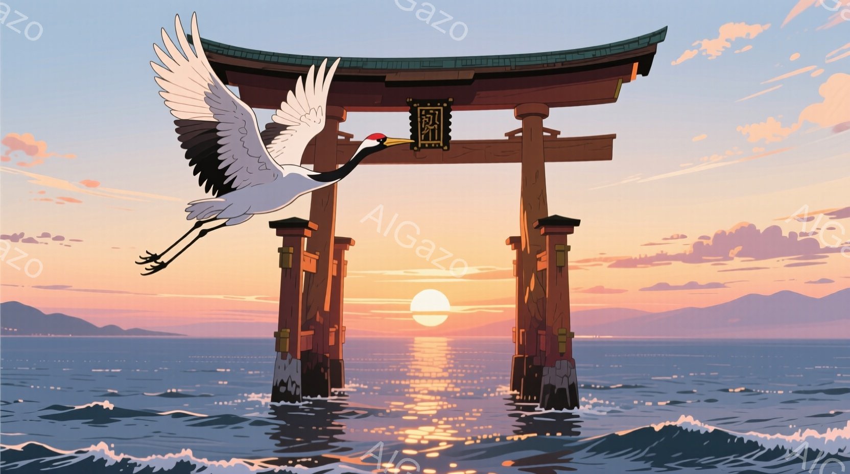 海の中に立つ鳥居を背景に、一羽の鶴が翼を広げて飛んでいる様子が描かれている。夕焼け空はオレンジとピンクの色合いで、海面には太陽の光が反射してキラキラと輝き、穏やかで幻想的な雰囲気を醸し出している。鳥居 - AI生成フリー素材