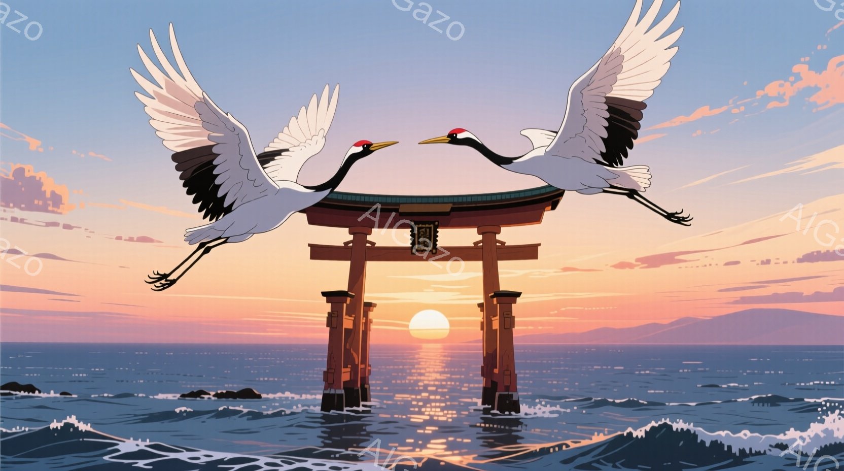 海に立つ朱色の鳥居を挟み、二羽の鶴が翼を広げて飛翔している様子が描かれている。夕焼け空はオレンジとピンクのグラデーションで、海面には太陽の光が反射しキラキラと輝いている。穏やかで幻想的な雰囲気であり、日本の伝統的な風景と鶴の優雅さが調和している。