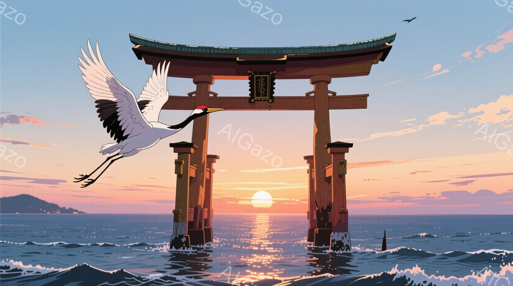 朱色の鳥居が海中にそびえ立ち、水平線から昇る朝日を背景に荘厳な姿を見せている。一羽の鶴が翼を広げ、鳥居の傍らを優雅に舞い、穏やかな波が鳥居の柱を静かに洗っている。全体的に暖かく、静謐で、日本の伝統的な美しさを感じさせる風景である。
