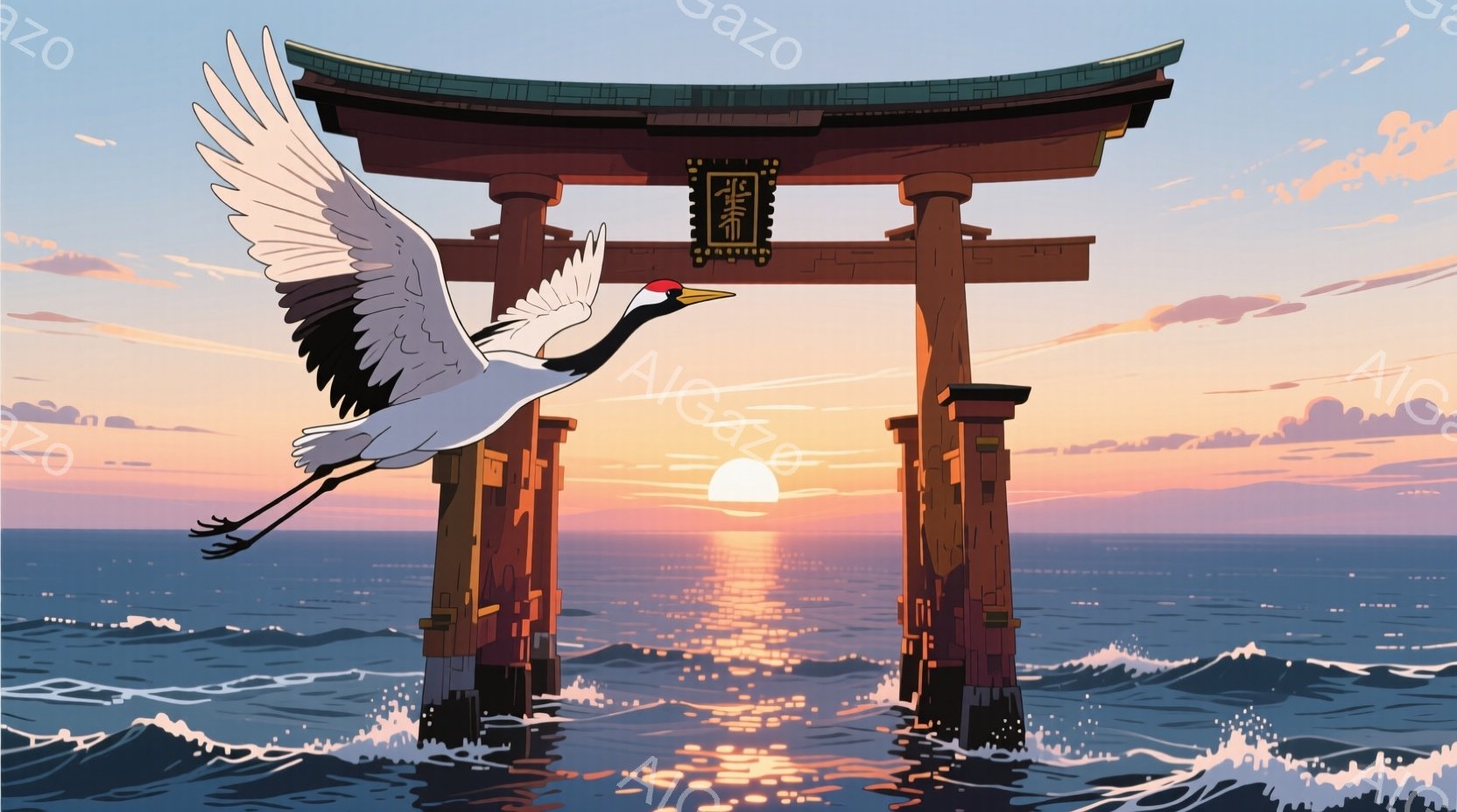 海上に立つ朱色の鳥居が印象的な風景です。朝日が海面を照らし、鳥居に反射して黄金色の光が広がっています。一羽の鶴が翼を広げ、鳥居の前を優雅に飛び去り、静かで神秘的な雰囲気を醸し出しています。