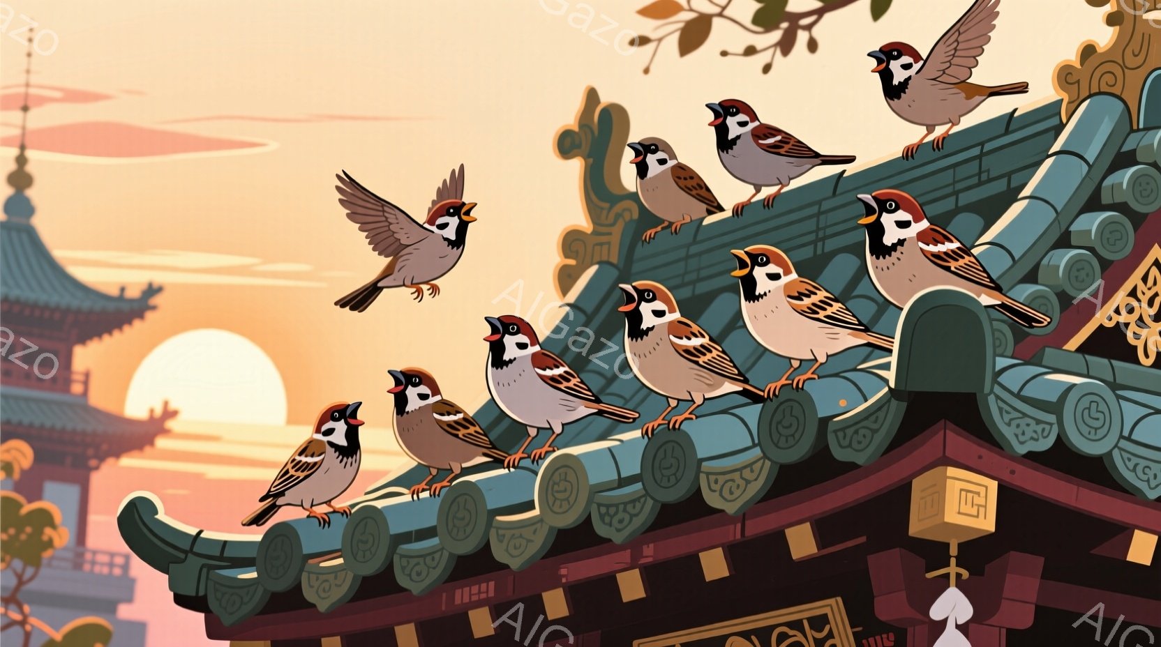 屋根の上に雀たちが集まっている様子が描かれています。一部の雀は口を開けて鳴いているように見え、活気に満ちた様子です。背景には夕焼け空と東アジア風の建物が見え、温かく穏やかな雰囲気を作り出しています。