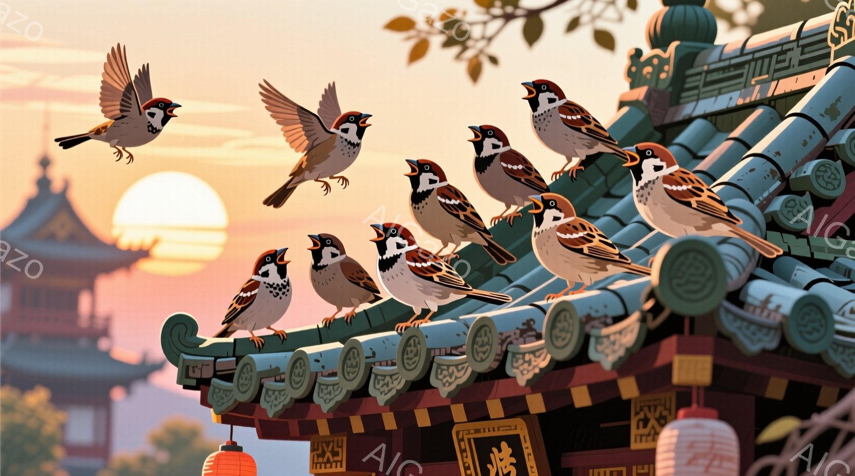 複数の雀が、日本の伝統的な寺院の屋根に並んで座っている。夕焼け空を背景に、一部の雀は翼を広げて飛び立つ準備をしている様子が描かれ、穏やかで暖かい雰囲気が漂う。寺院の精巧な装飾や、背景に見える紅葉した木々が、日本の秋の風景を美しく表現している。