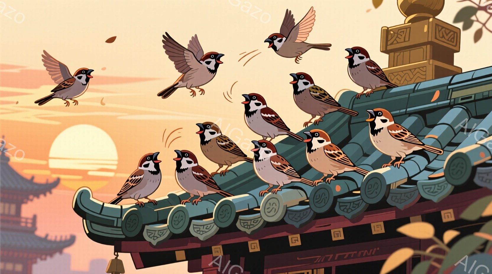 屋根の上に多くの雀が止まっています。夕焼け空を背景に、屋根瓦と雀のシルエットが美しいコントラストを生み出しています。穏やかで平和な雰囲気が漂い、日本の伝統的な建築と自然の調和が感じられます。