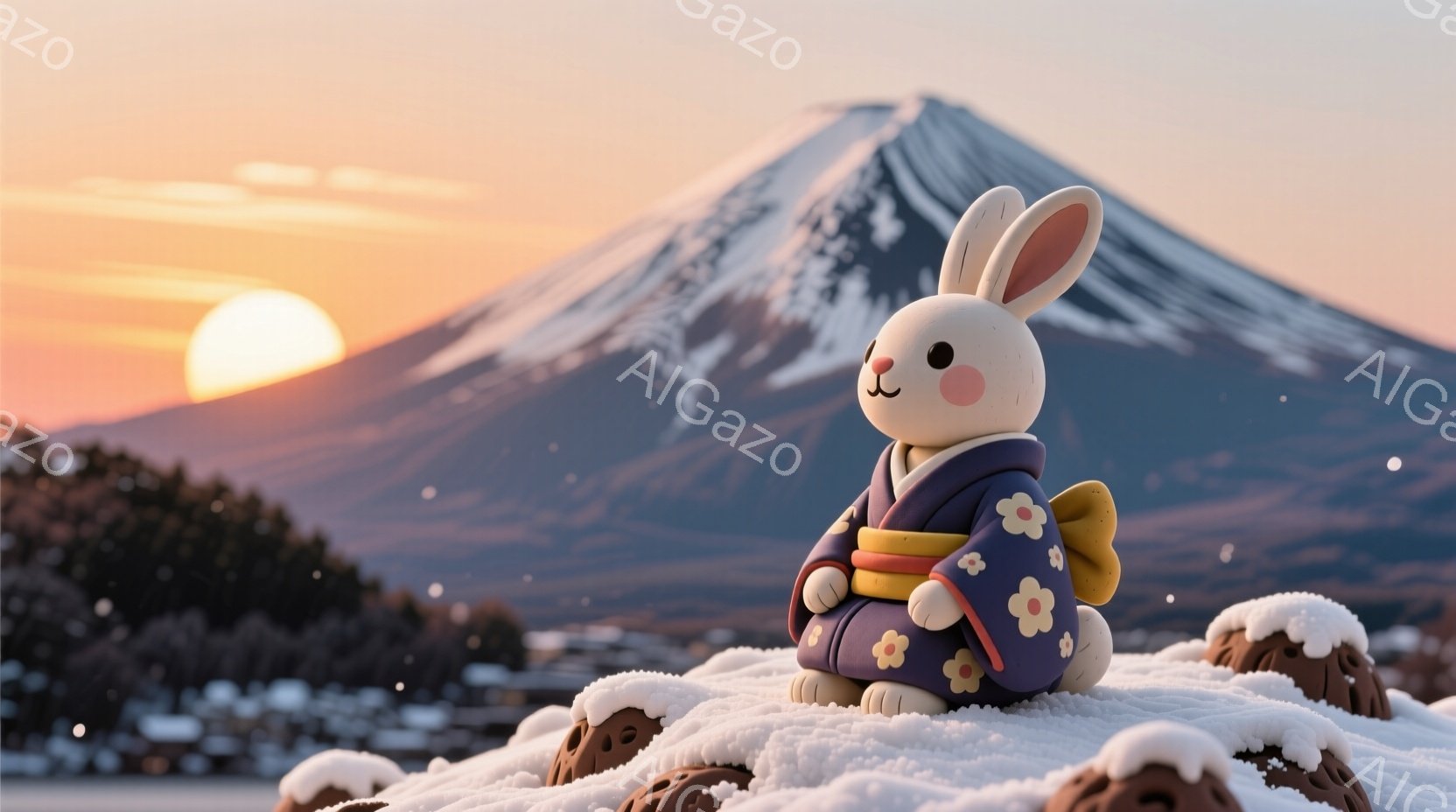 晴れた冬の日に、可愛らしいウサギが雪の上に座っています。ウサギは藍色の着物と黄色い帯を身につけ、穏やかな表情を浮かべています。背景には、雪をまとった富士山が夕焼け空の下にそびえ立ち、幻想的な雰囲気を醸 - AI生成フリー素材