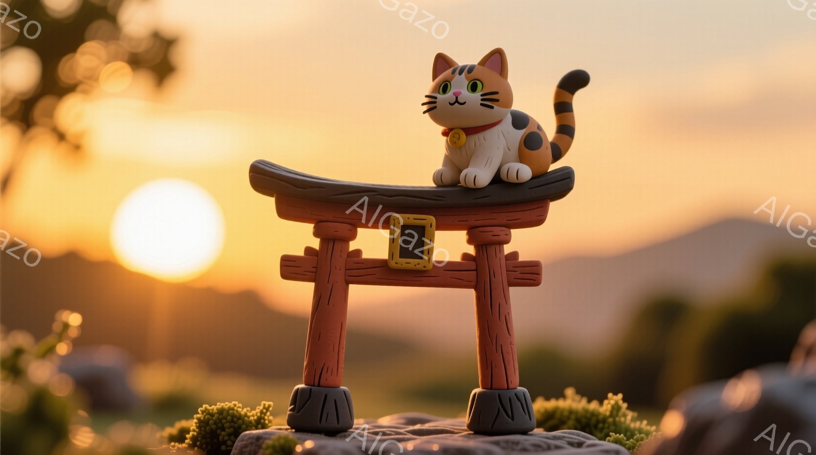 オレンジと白の三毛猫が、小さな鳥居の上に乗ってこちらを見ている様子が描かれている。背景は夕焼けに染まった山々と緑の草むらで、鳥居の下には苔のような緑が広がっている。全体的に温かく、可愛らしい雰囲気が漂 - AI生成フリー素材