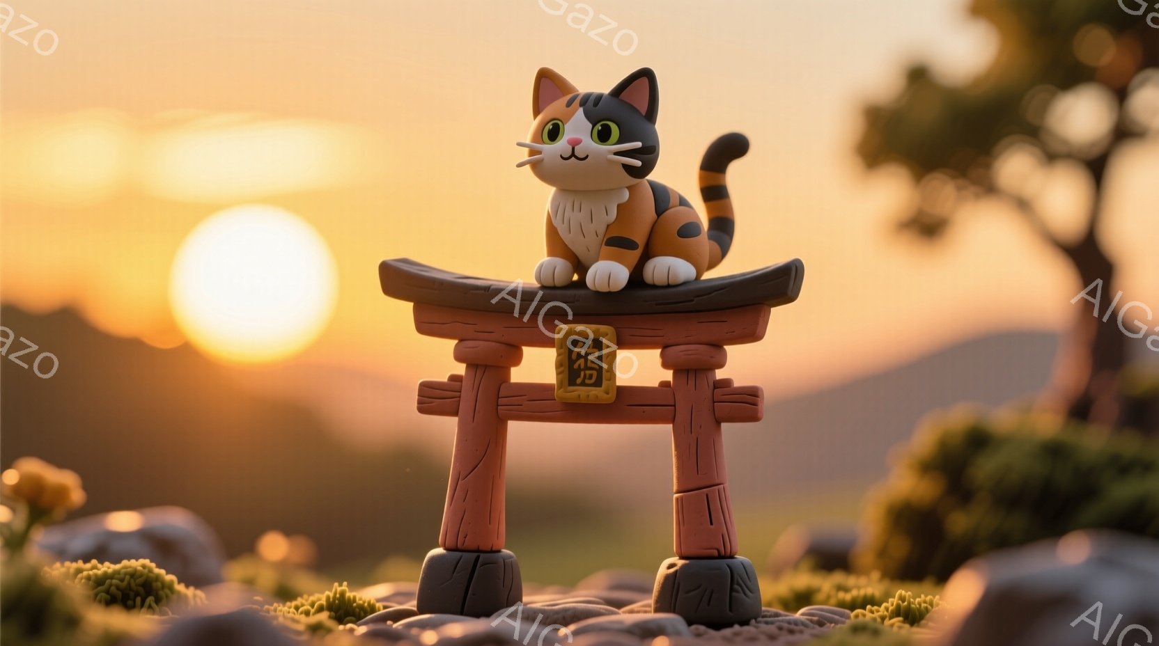 暖かく柔らかな光が差し込む夕暮れ時の風景の中に、小さな鳥居と、その上に座る三毛猫がいます。猫は穏やかな表情で、遠くを見つめており、その姿勢はリラックスしています。背景には緑豊かな植物と山々がぼんやりと - AI生成フリー素材