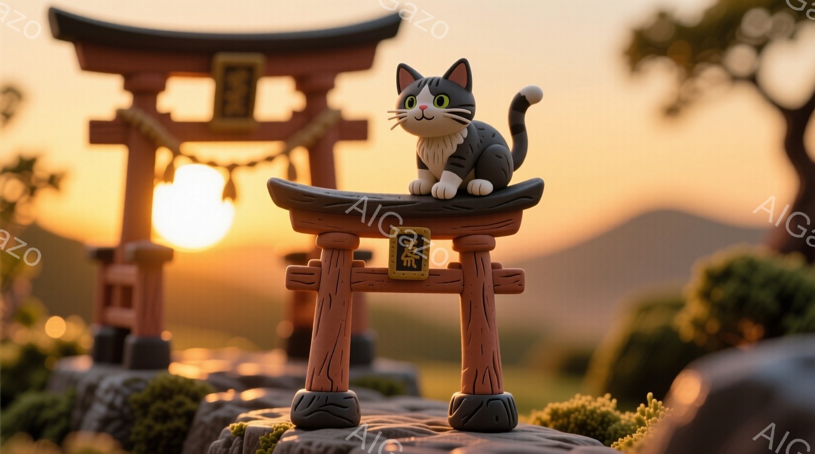 ミニチュアの鳥居の上に座る灰色の猫が描かれています。猫はリラックスした表情で、少し微笑んでいるようです。背景には、緑豊かな植物と夕焼け空が見え、穏やかで幻想的な雰囲気を作り出しています。 - AI生成フリー素材