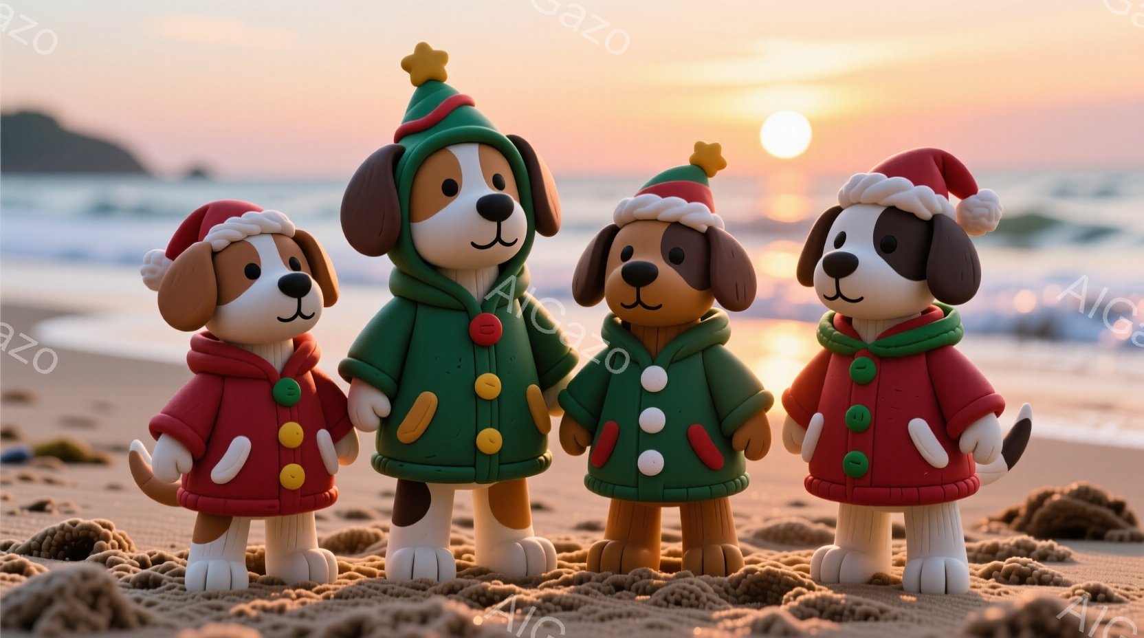 砂浜に並んだ、クリスマスの衣装を着た犬の置物４体が見えます。それぞれ赤い、緑のコートを羽織り、頭にはサンタの帽子をかぶっており、愛らしい表情をしています。背景には穏やかな海と夕焼け空が広がり、温かく可 - AI生成フリー素材