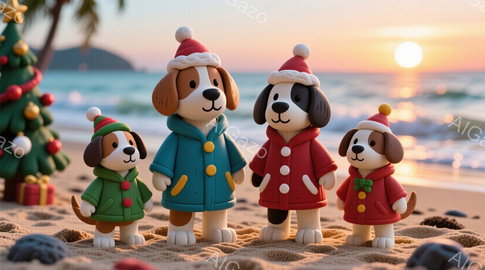 砂浜に、クリスマスの帽子とコートを着た犬の家族が並んでいます。緑、青、赤のコートを着ており、それぞれ楽しそうな表情をしています。背景にはヤシの木、穏やかな海、そして夕焼け空が広がり、暖かく穏やかなクリ - AI生成フリー素材
