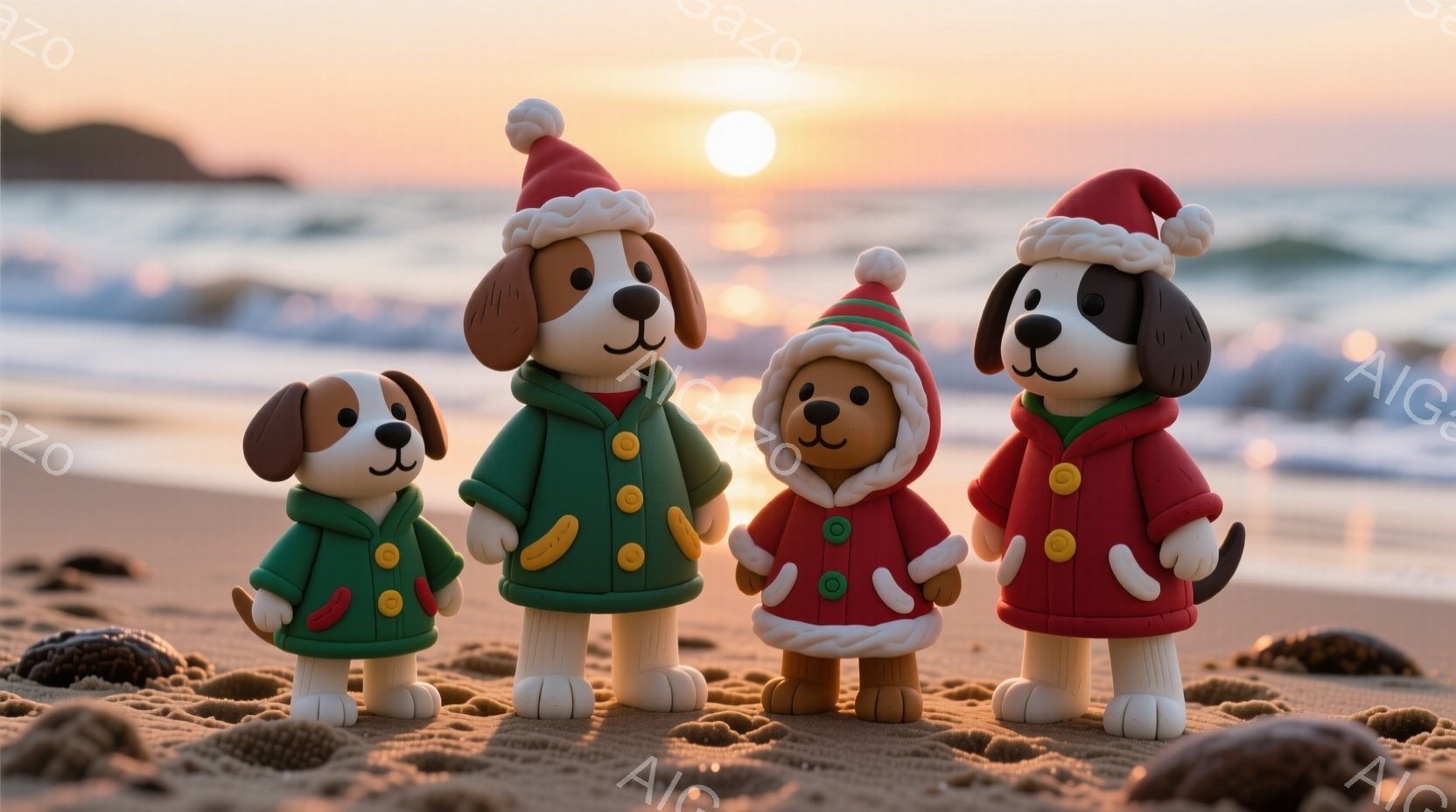 砂浜に、クリスマスの衣装を着た犬の置物が四匹並んでいます。緑と赤のコート、帽子、そして白い襟が特徴的で、それぞれ少しずつ異なる表情をしています。背景には穏やかな海と夕焼けが広がり、温かく、お祭り気分な - AI生成フリー素材