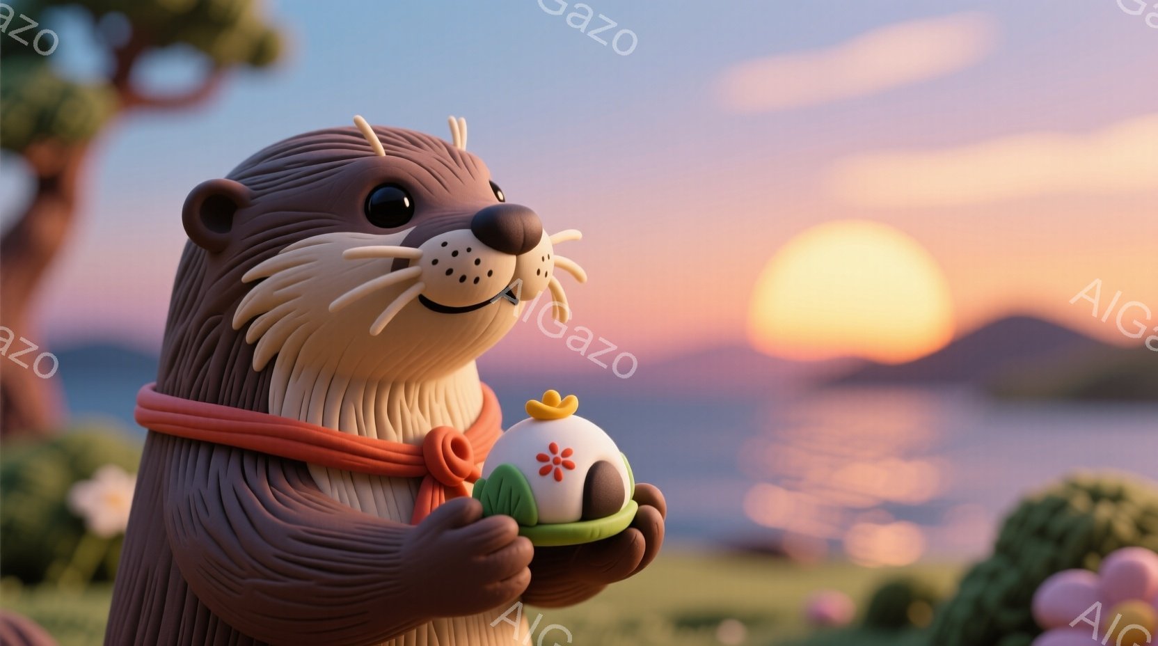 茶色のカワウソが、赤い首輪をつけて立っており、両手に白い球体に緑色の台座がついたものを大切そうに抱えています。背景には穏やかな海と夕焼け空が広がり、柔らかな光がカワウソを照らしています。全体的に暖かく - AI生成フリー素材