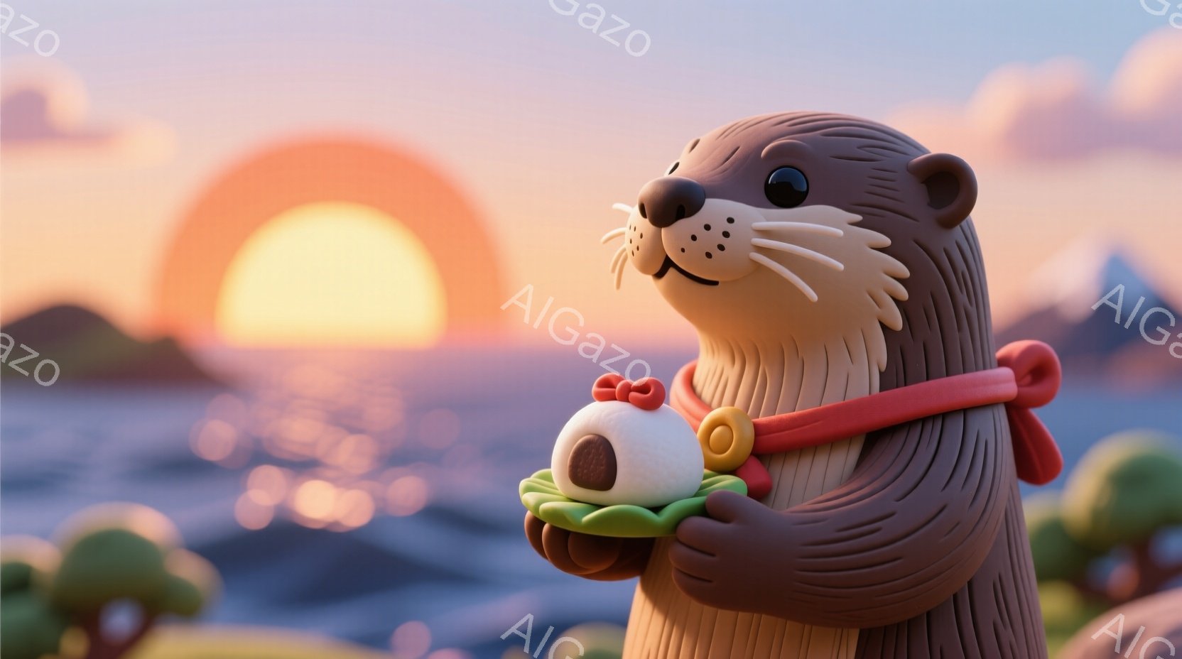 茶色のカワウソが、赤いリボンと金色の飾り付きの首輪を身につけています。カワウソは緑色の皿に盛られた団子を両手で大切そうに抱え、穏やかな表情でこちらを見つめています。背景には、穏やかな海と夕焼け空が広がり、全体的に暖かく、優しい雰囲気です。