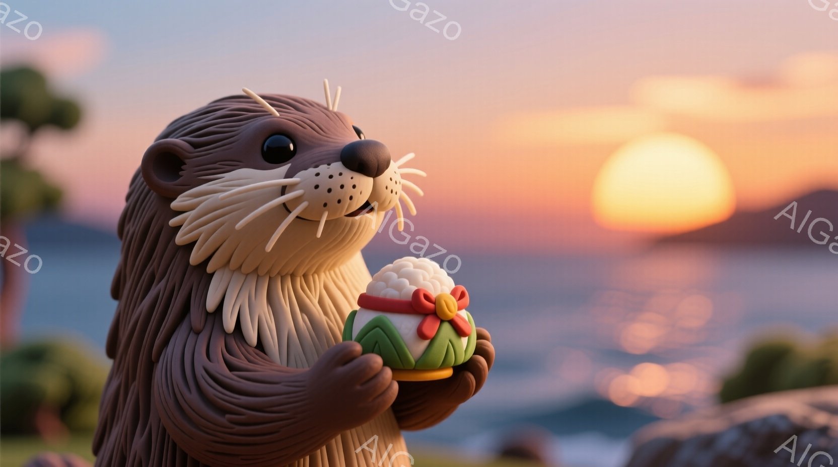 茶色いカワウソが、両手で丸いお団子を大事そうに抱えています。背景には穏やかな海と、夕焼けに染まる空が広がり、温かく平和な雰囲気を醸し出しています。カワウソの表情は穏やかで、可愛らしい印象を与えます。