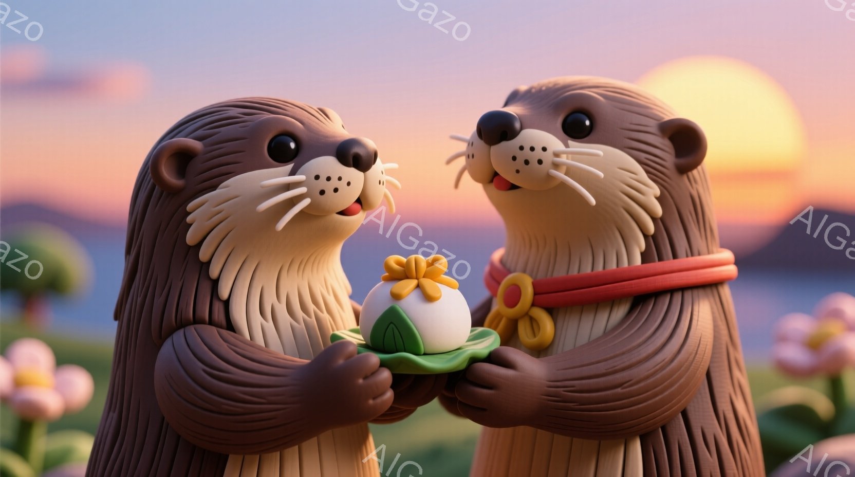 2匹のカワウソが互いに向き合い、白いプレゼントを交換しようとしています。彼らは赤いリボンをつけており、愛らしい表情を浮かべています。背景には緑の草原、ピンクの花、そして穏やかな夕焼け空が広がっており、全体的に温かく平和な雰囲気です。