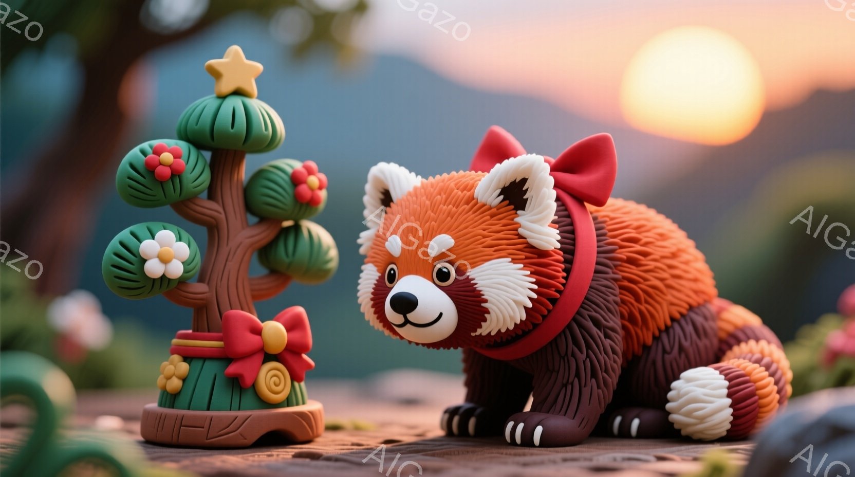 赤いパンダのフィギュアと、花飾りと星が付いた小さな木のようなオブジェが写っています。パンダは微笑んでおり、丸みを帯びた体で地面に座っています。背景にはぼやけた自然の風景と、夕焼けのようなオレンジ色の空が広がっており、温かく優しい雰囲気を醸し出しています。
