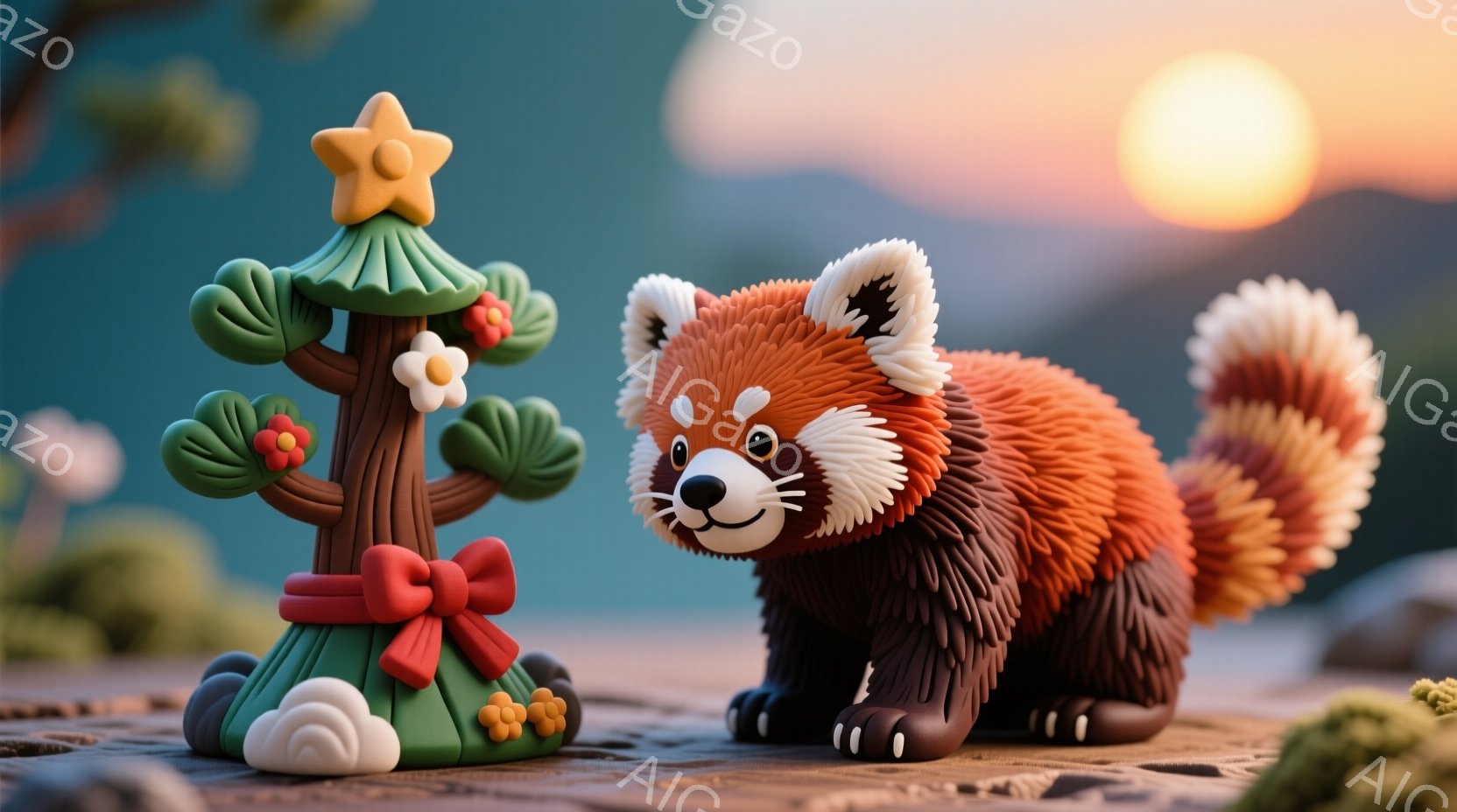 赤茶色の可愛らしいレッサーパンダが、まるで粘土で作られたかのような質感で描かれています。背景には、小さな木と赤いリボンで飾られた、可愛らしい造形物があり、遠くには山の稜線と夕焼けが広がっています。全体的に暖かく、遊び心のある、ファンタジックな雰囲気が漂っています。