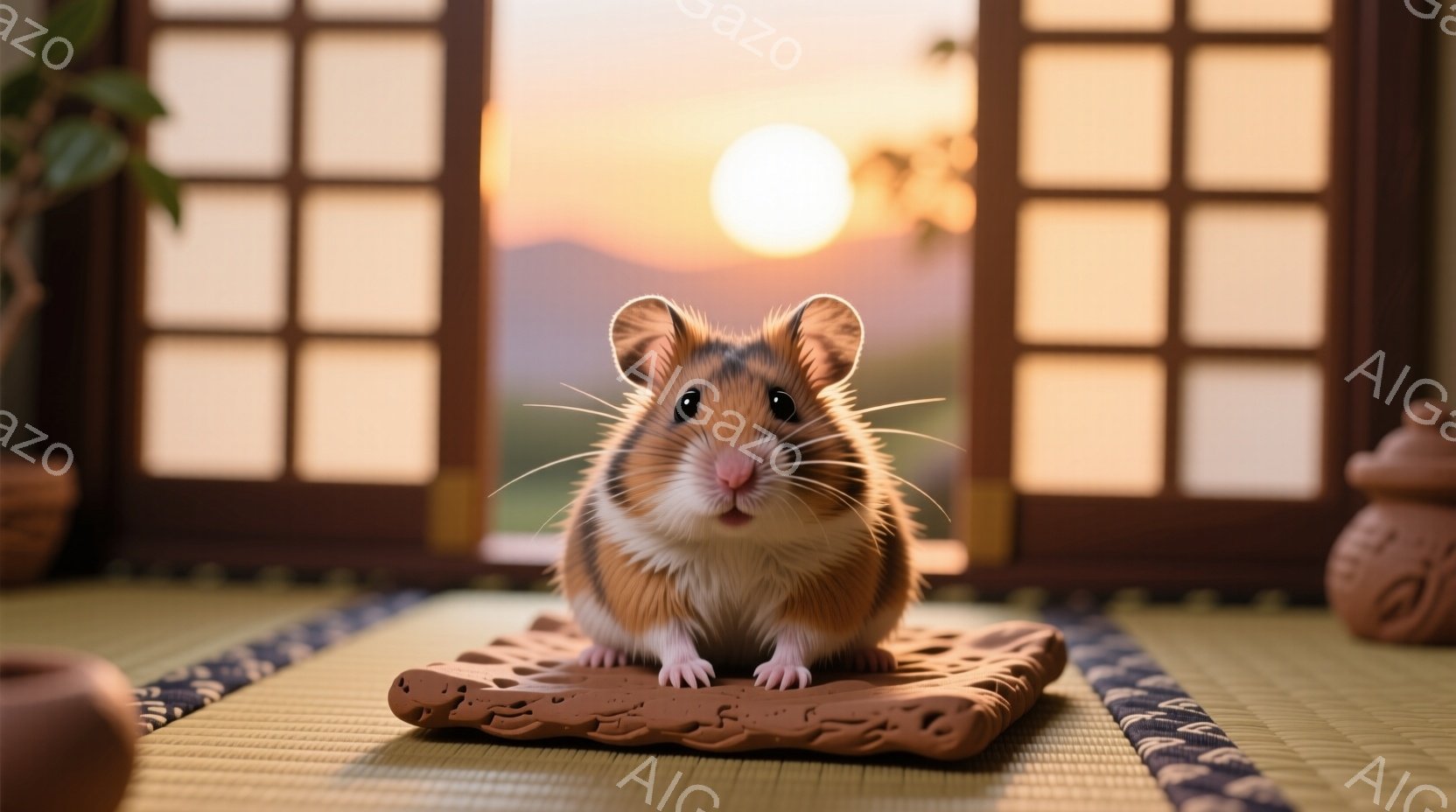 小さなハムスターが畳の上に置かれた小さな土製の台に座っています。ハムスターは茶色と白の毛並みで、黒い小さな目が愛らしい表情をしています。背景には障子窓と夕焼け空が見え、穏やかで温かい雰囲気を醸し出しています。