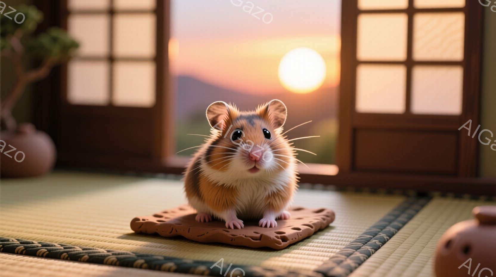小さなハムスターが畳の上で、まるで王様のように落ち着いた姿勢で座っています。背景には、日本の伝統的な障子窓と、夕焼けに染まる山々が見え、穏やかで温かい雰囲気を醸し出しています。ハムスターの表情は穏やかで、可愛らしい姿が印象的です。