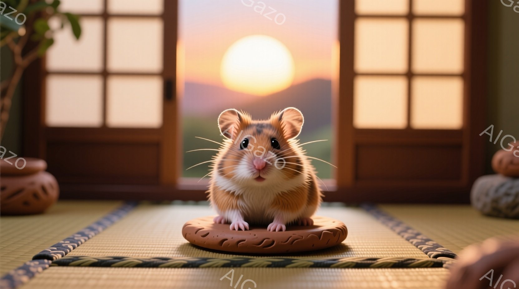 小さなハムスターが畳の上に置かれた円形の台に座っています。背景には、夕焼け空を背景にした山々が見える障子があります。暖色系の色調と、静かで穏やかな雰囲気で、リラックスした時間が感じられます。
