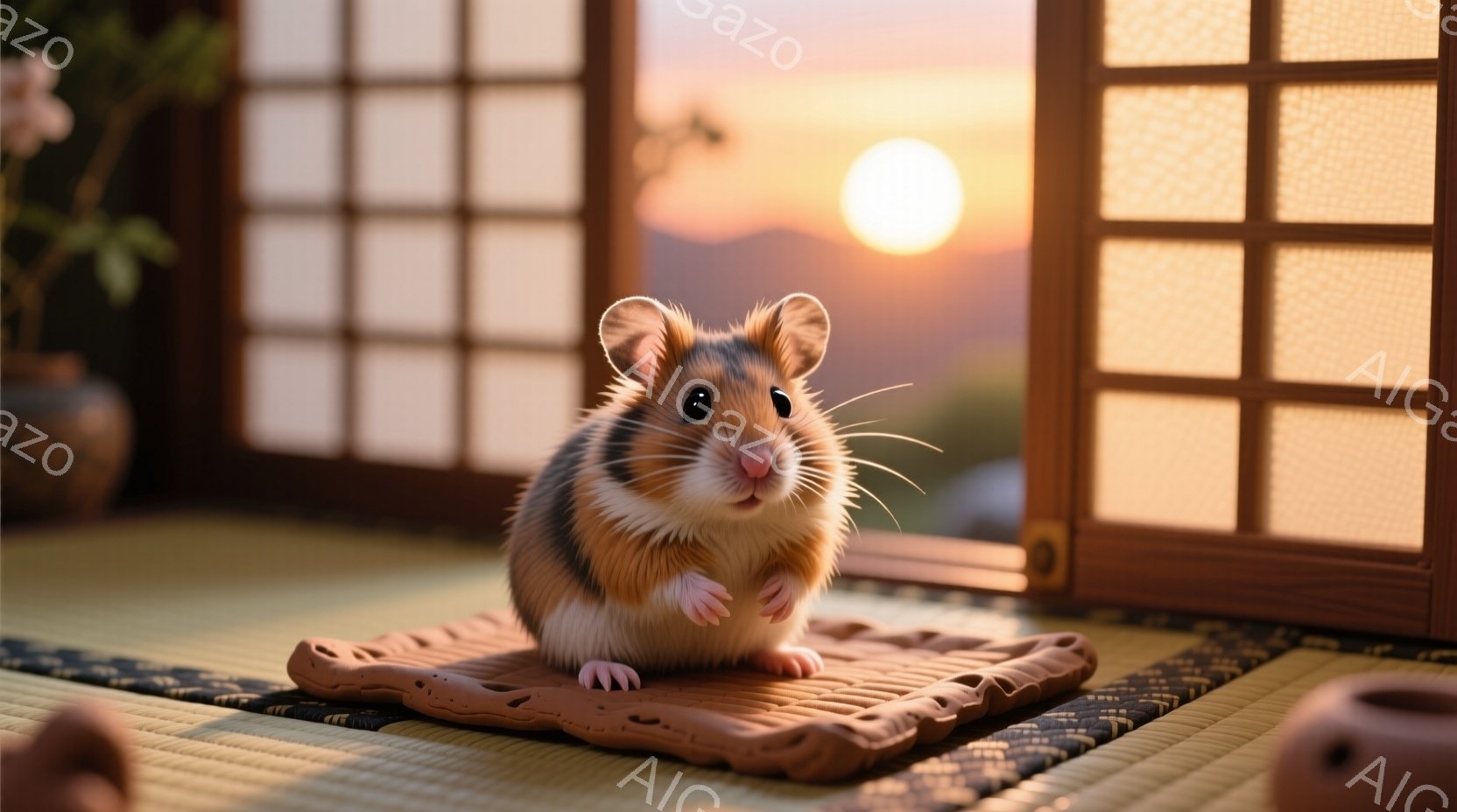ハムスターが畳の上、小さな敷物に乗って座っています。その表情は穏やかで、丸い目がこちらを見つめています。背景には格子状の障子と、夕焼けに染まる山々が広がり、温かく静かな雰囲気が漂っています。