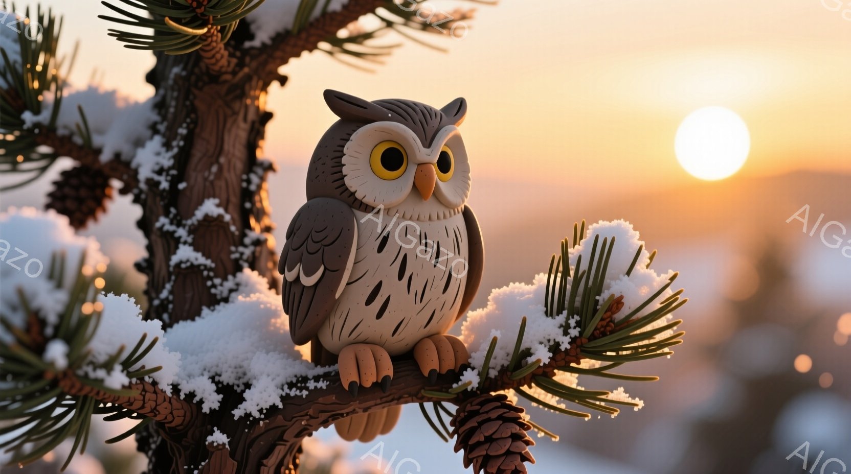 雪をまとった木の枝に、つぶらな瞳のフクロウがちょこんと座っています。フクロウは茶色と白の模様で、丸いフォルムが可愛らしい印象を与えます。背景には雪景色が広がり、夕焼けのオレンジ色が暖かく、穏やかな冬の - AI生成フリー素材