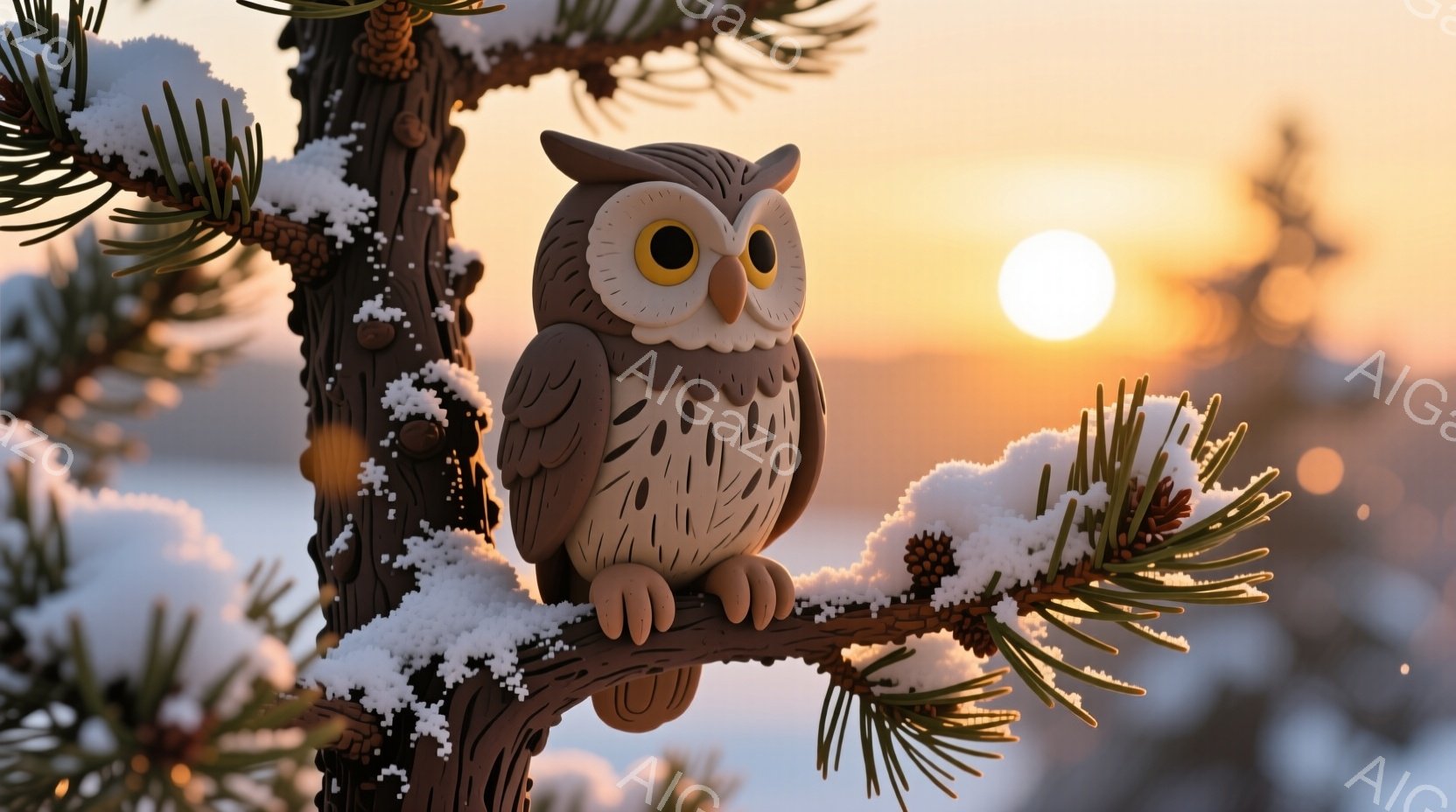 茶色のフクロウが雪で覆われた木の枝にとまっており、大きな丸い目が特徴的です。背景は夕焼けのようなオレンジ色の空と、雪景色が広がっており、冬の静寂で幻想的な雰囲気を醸し出しています。枝には雪が積もり、フクロウの周りも冬の寒さを感じさせます。