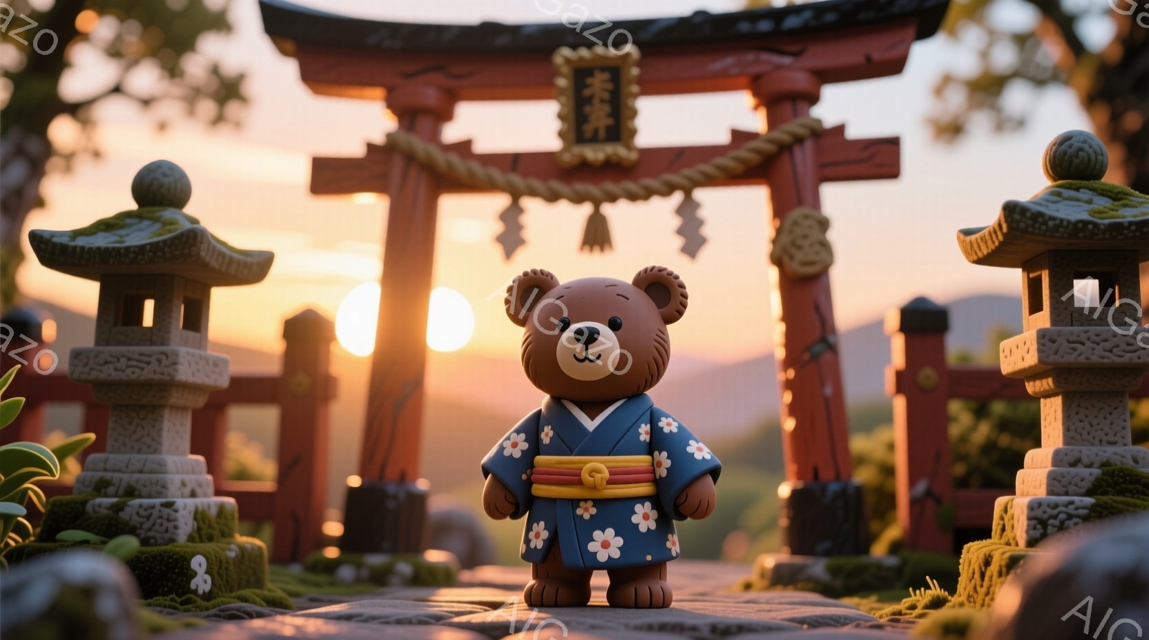 可愛らしいクマが、日本の伝統的な祭りの衣装を着て、石畳の道に立っています。背景には、赤い鳥居と石灯籠が並び、夕焼け空が穏やかな雰囲気を醸し出しています。全体的に、温かく、夢のような、平和な情景が広がっ - AI生成フリー素材