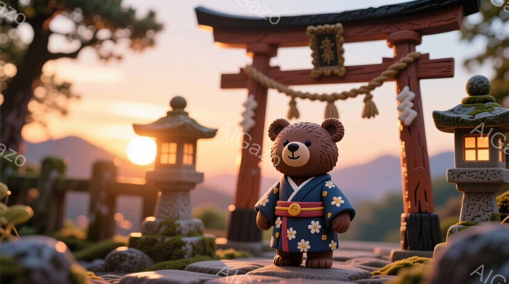 熊のキャラクターが、花柄の藍色の着物を着て立っています。背景には赤い鳥居、石灯籠、そして緑豊かな風景が広がっており、夕焼け空が暖かく穏やかな雰囲気を醸し出しています。全体的に可愛らしく、日本の伝統的な風景と融合した、心安らぐ情景です。